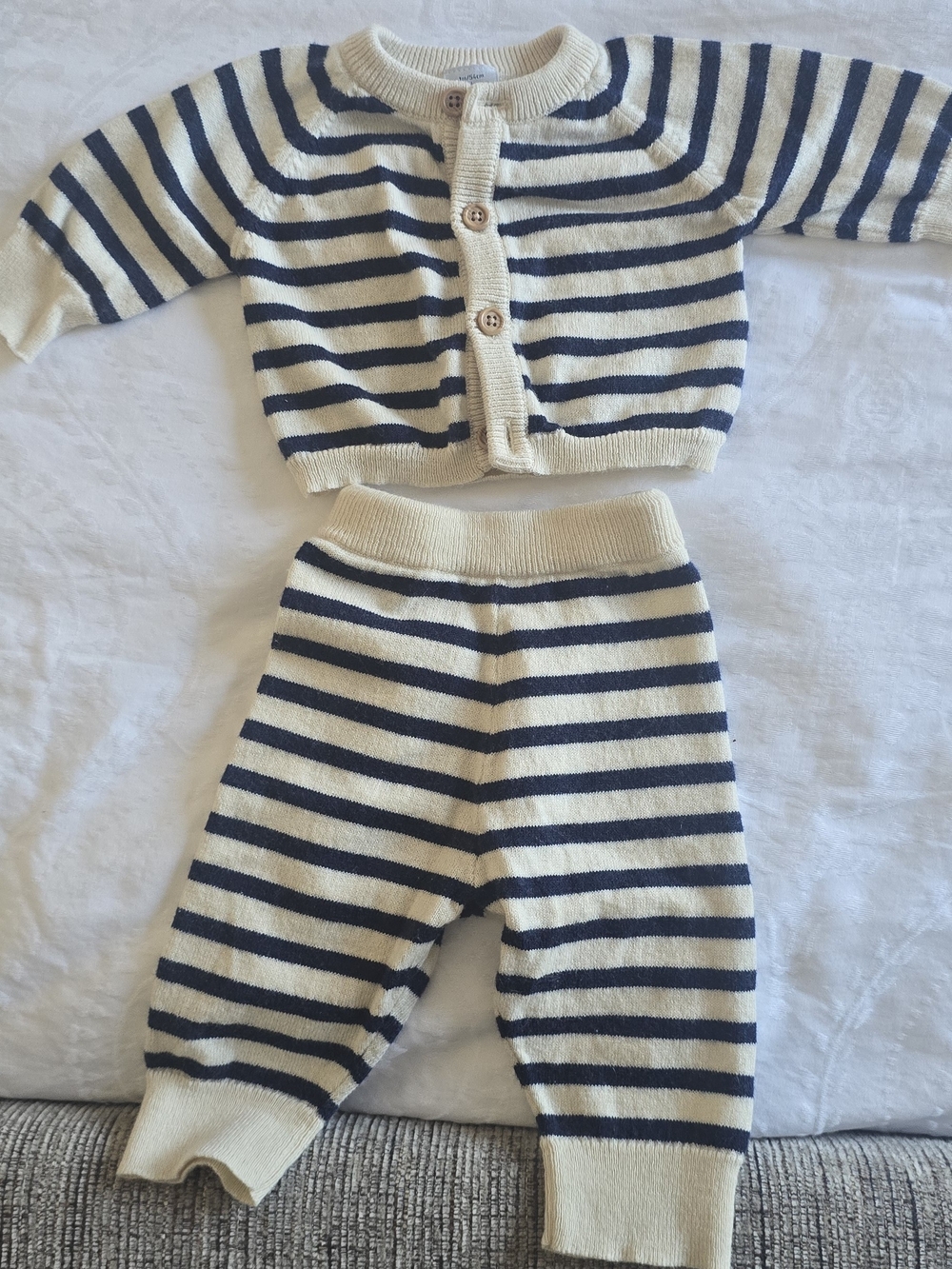 Petit Bateau Cream and Navy Striped Knit Matching Set